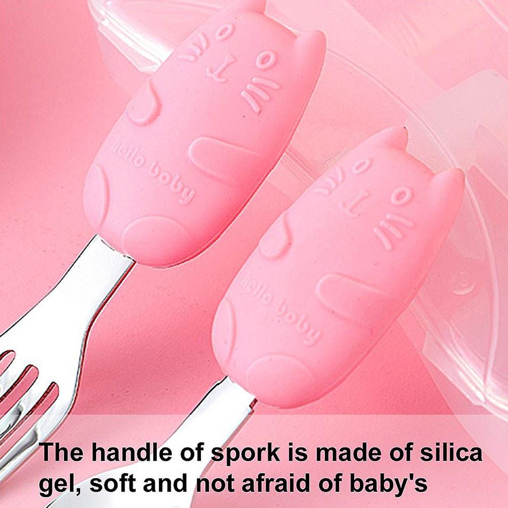 Brain Giggles - Kitty Short Silicone Handle Cutlery Set w/ Case - Pink