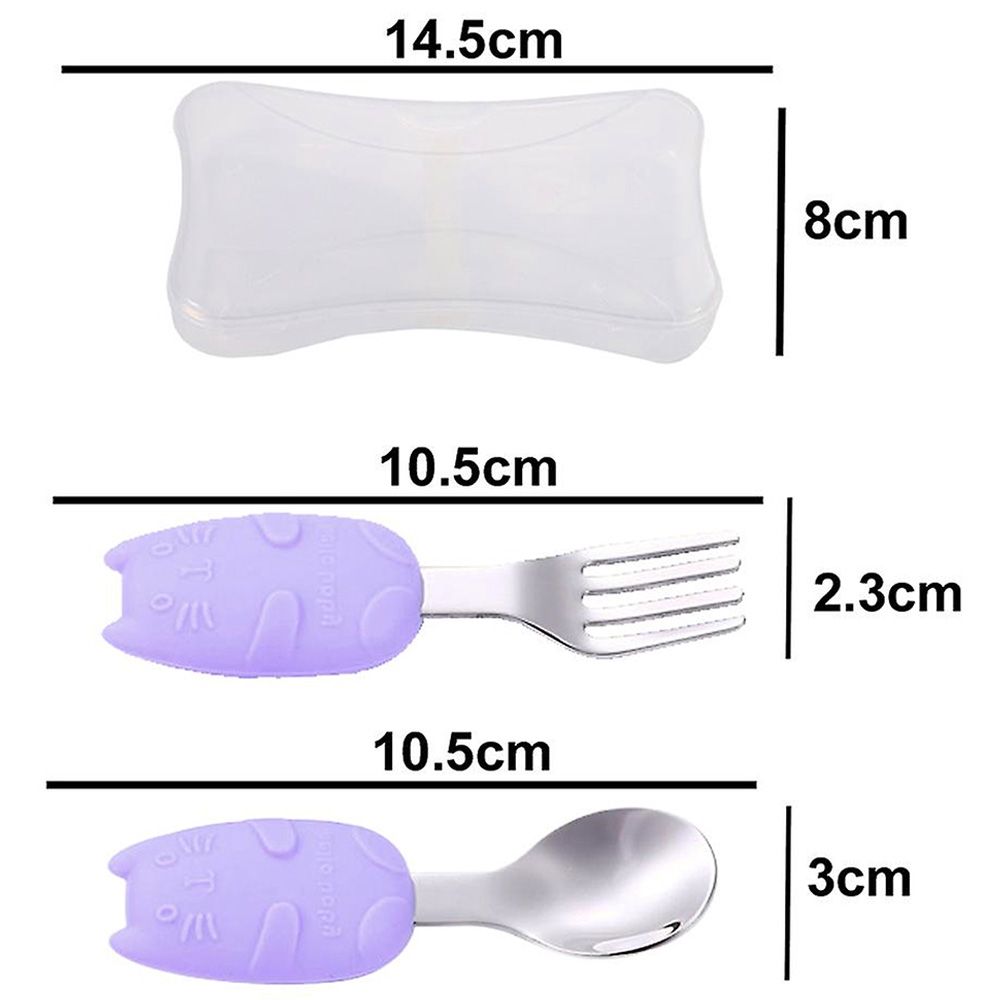 Brain Giggles - Kitty Short Silicone Handle Cutlery Set w/ Case - Purple