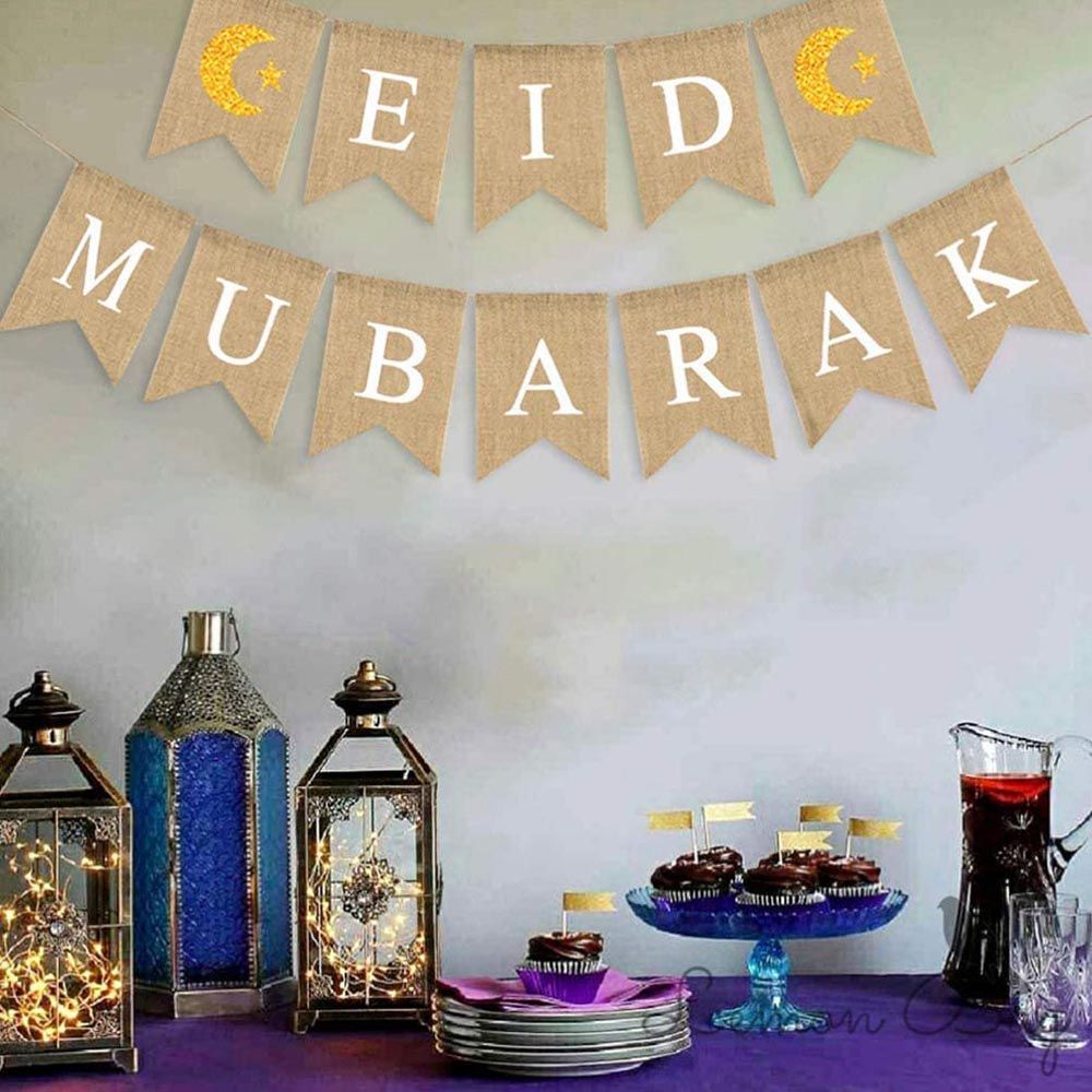 Brain Giggles - Jute Burlap Eid Mubarak Banner w/ Moon And Star