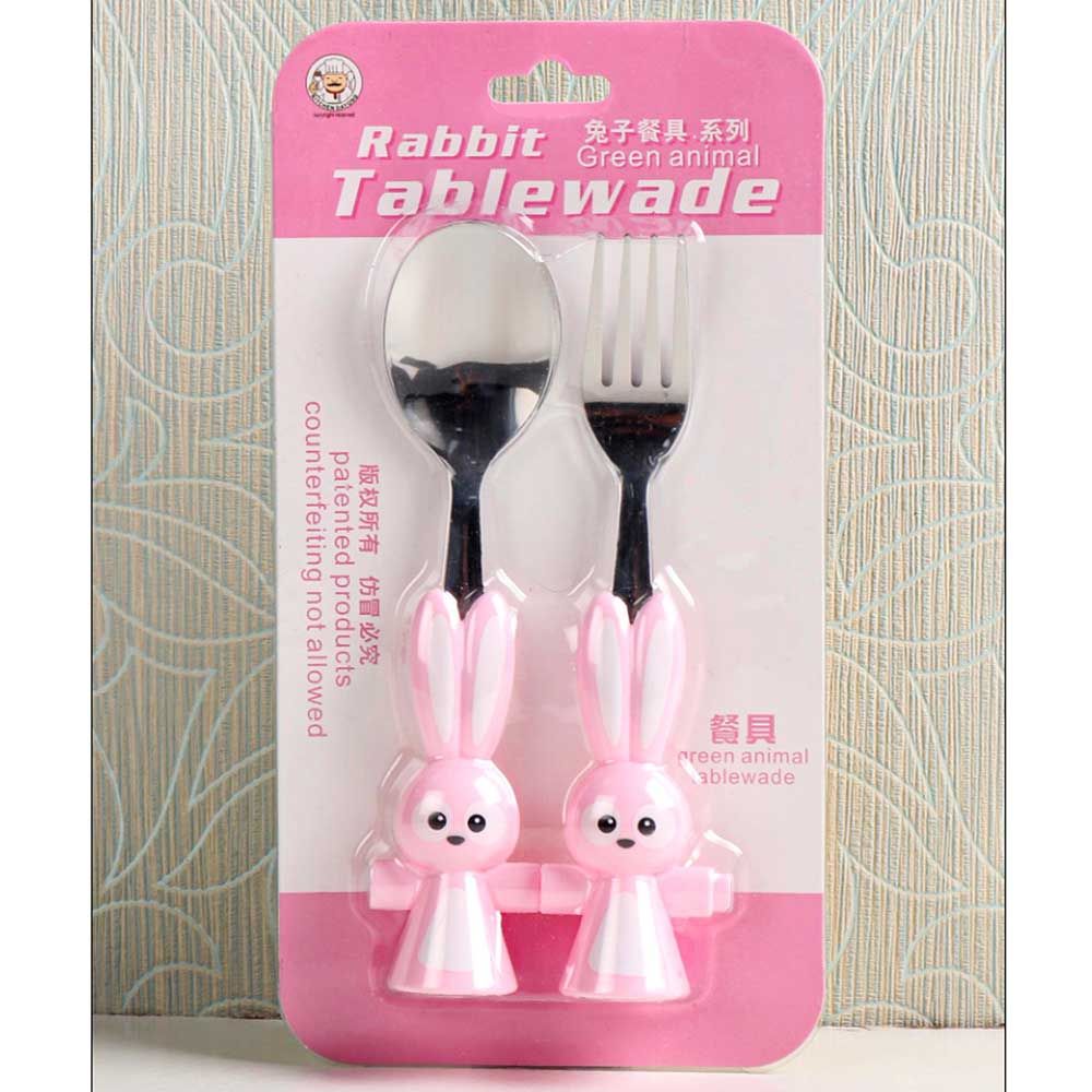 Brain Giggles - Bunny Shaped Stainless Steel Fork & Spoon Set - Pink