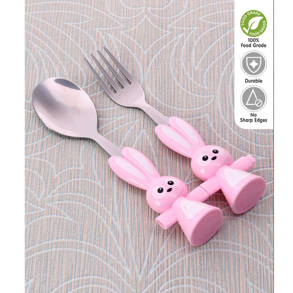 Brain Giggles - Bunny Shaped Stainless Steel Fork & Spoon Set - Pink