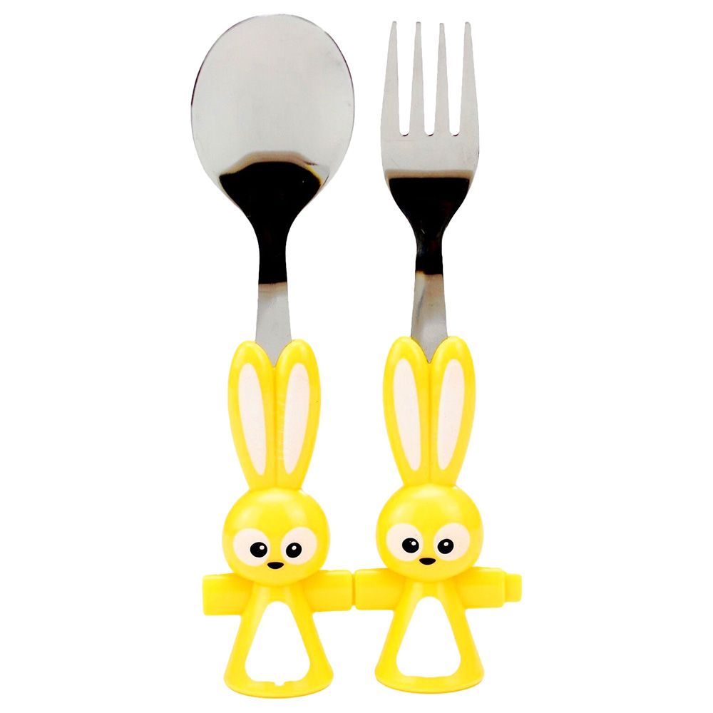 Brain Giggles - Bunny Shaped Stainless Steel Fork & Spoon Set - Yellow