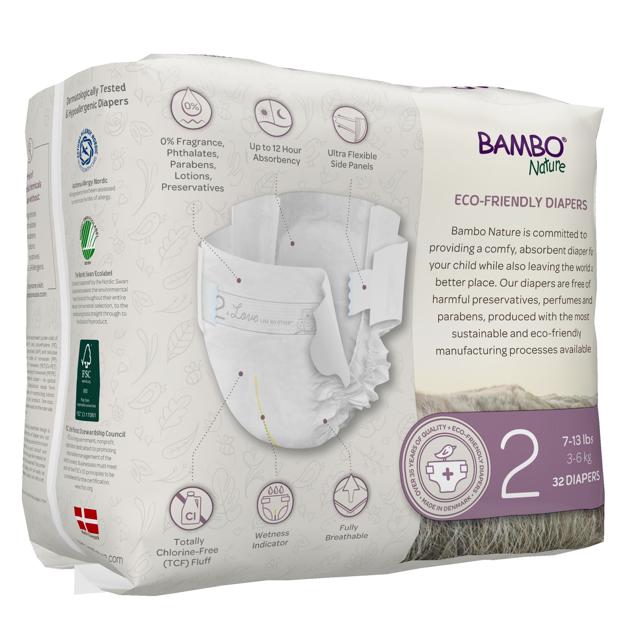 Bambo Nature - Eco Friendly Diapers, Size 2, 3-6kg - 32 Diapers