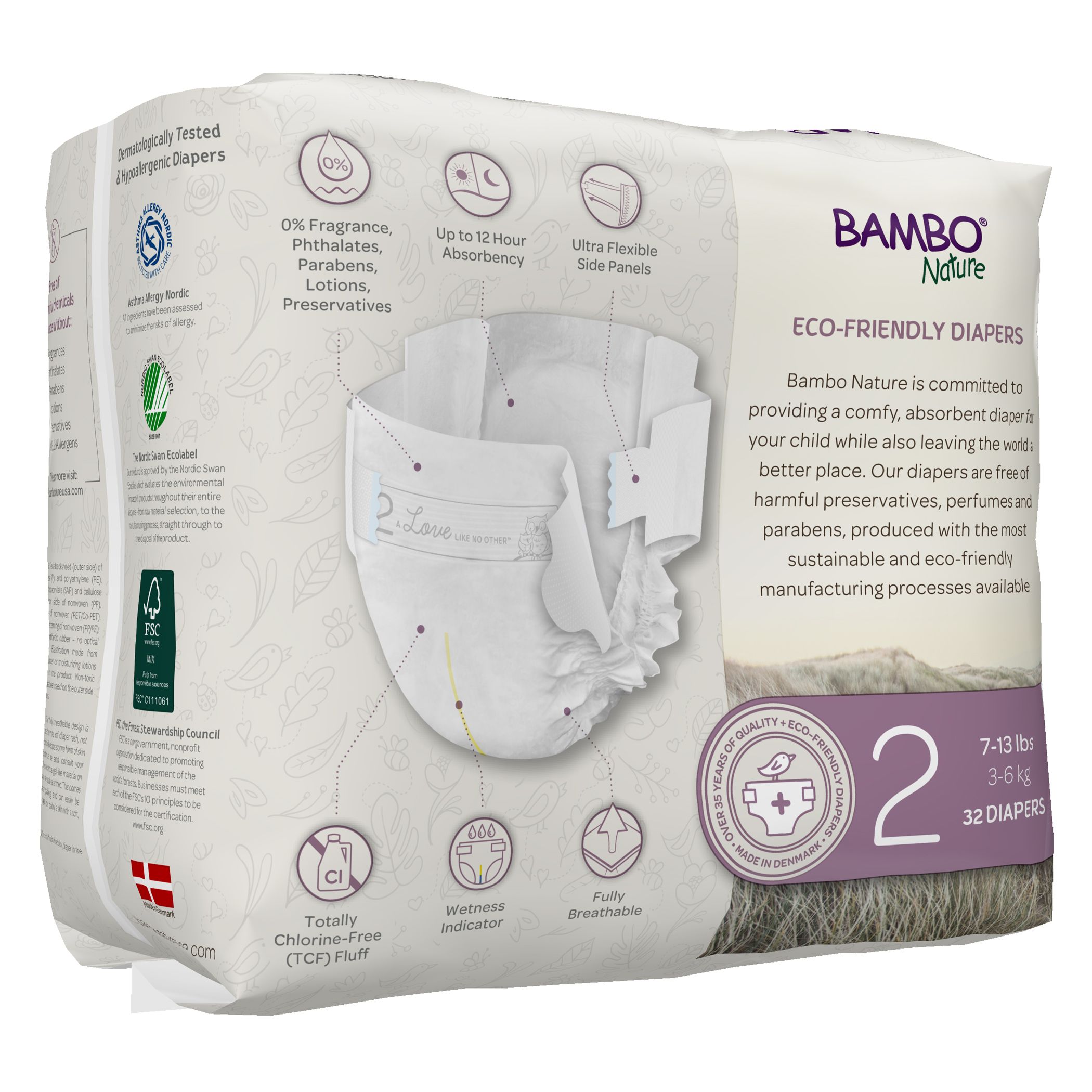 Bambo Nature Eco-Friendly Diapers, Size 2, 3-6kg, 64 Diapers,Value pack