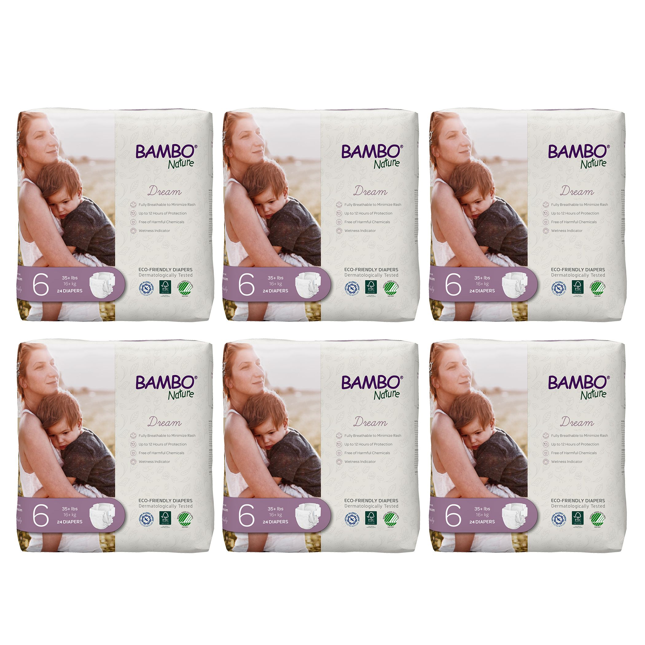 Bambo Nature Eco-Friendly Diapers, Size 6,16+Kg,144 Diapers - Pack of 6