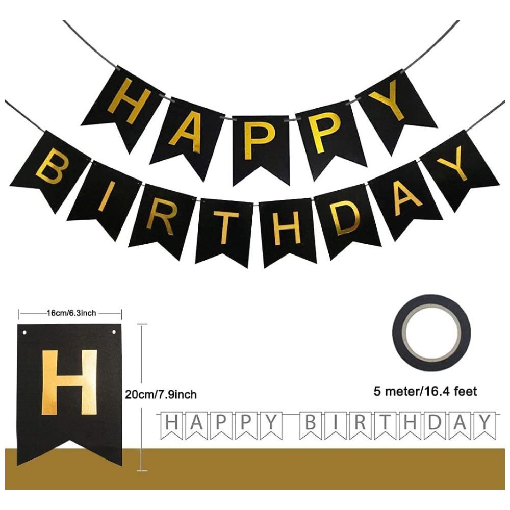 Highland - Black Happy Birthday Banner & Golden Confetti Balloon Set 9pc