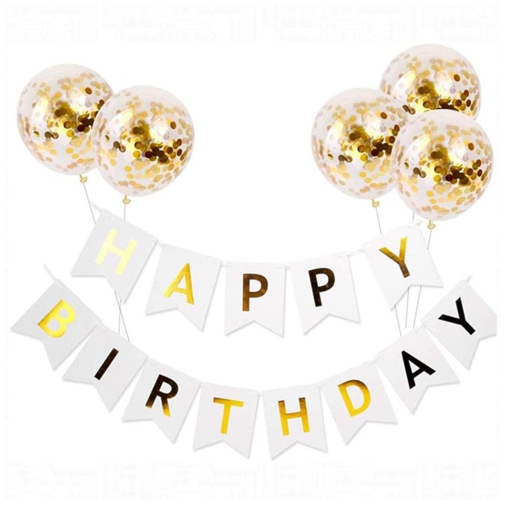 Highland - White Happy Birthday Banner & Golden Confetti Balloon 9pc