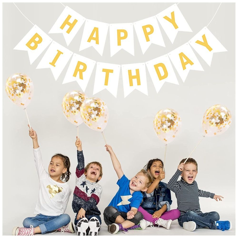 Highland - White Happy Birthday Banner & Golden Confetti Balloon 9pc