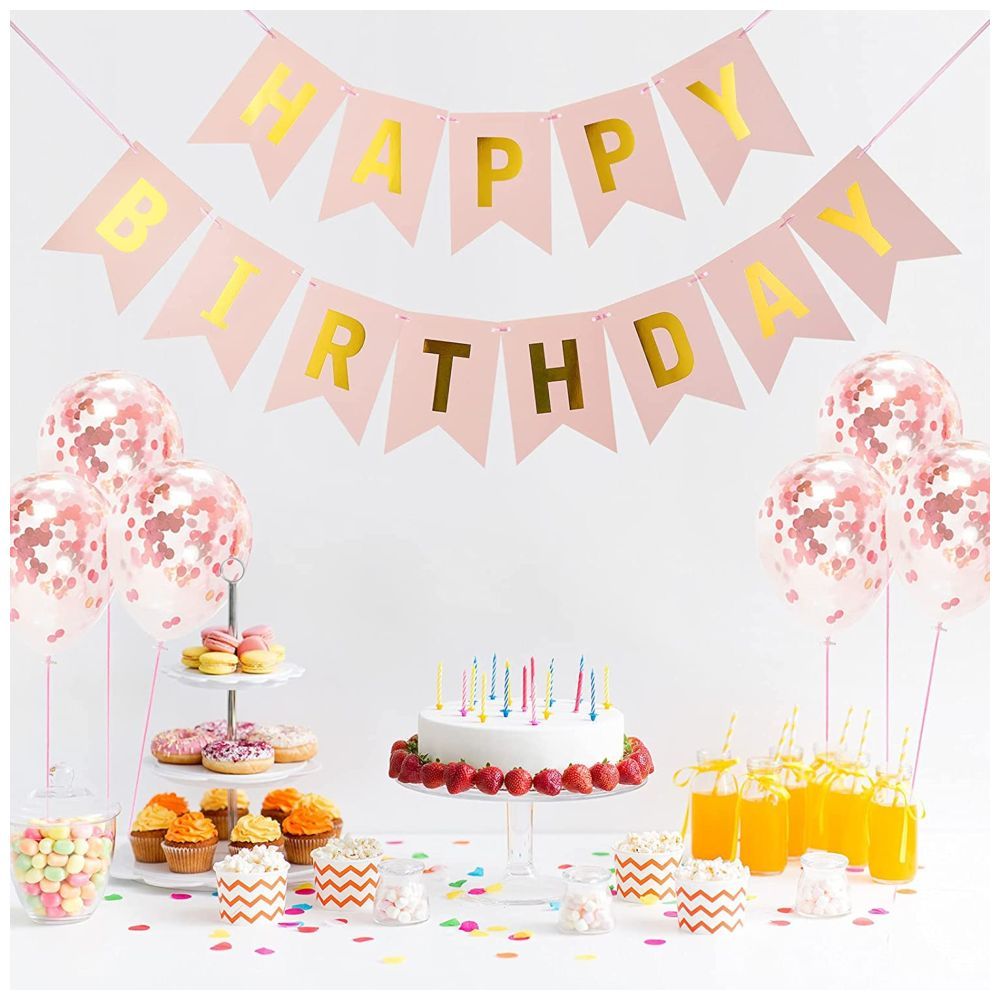 Highland - Pink Happy Birthday Banner & Rose Gold Confetti Balloon 9pc