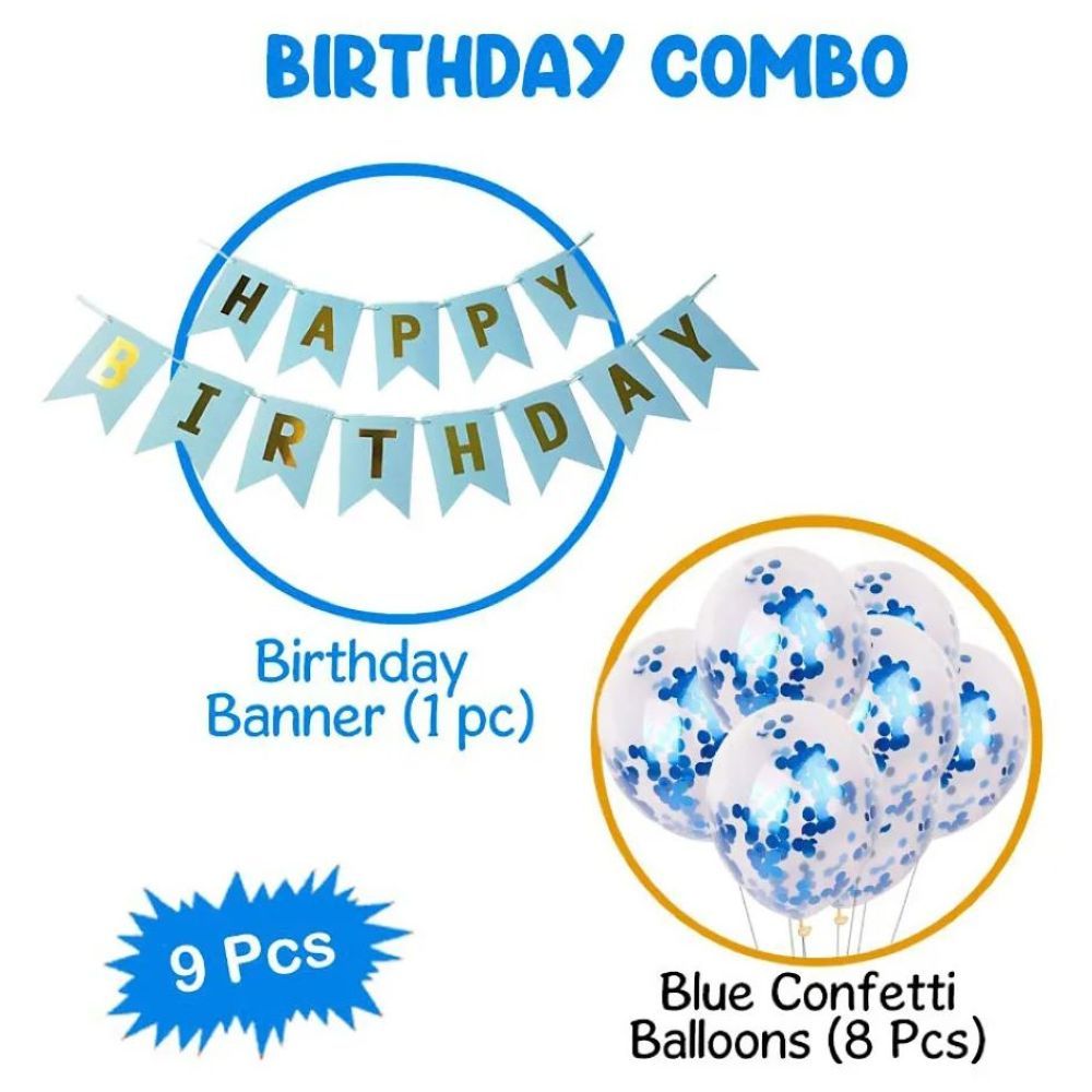 Highland - Blue Happy Birthday Banner & Confetti Balloon Set for Boy's 9pc