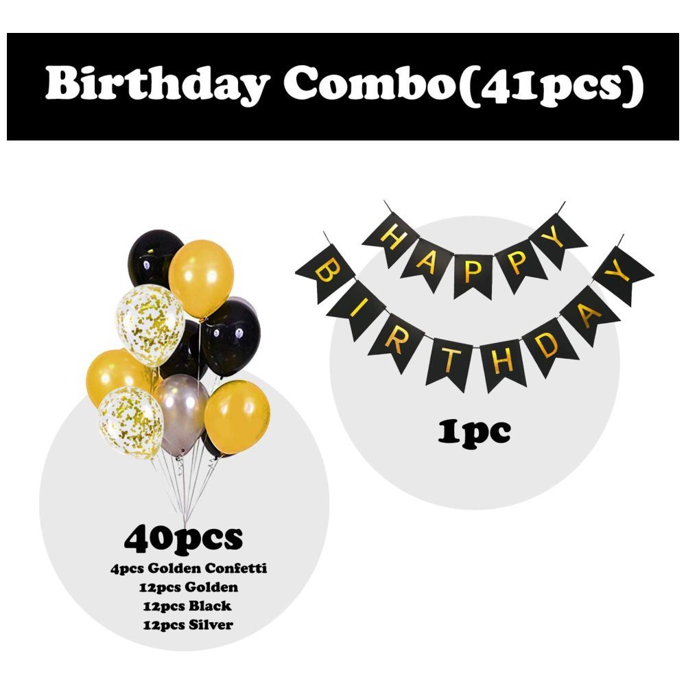 Highland - Black Happy Birthday Banner & Black, Gold, Silver Balloons 41pc