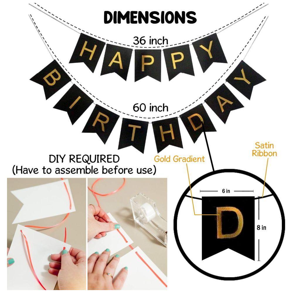 Highland - Black Happy Birthday Banner & Black, Gold, Silver Balloons 41pc