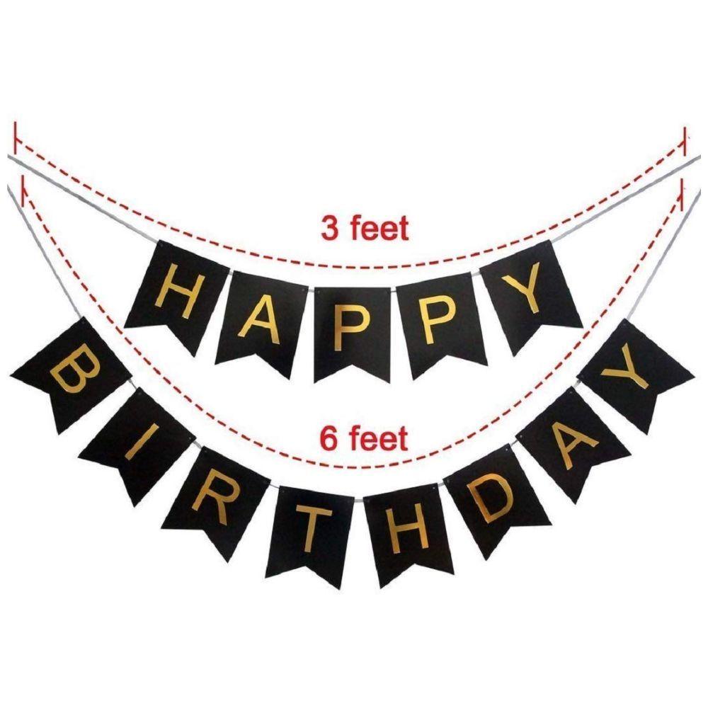 Highland - Black Happy Birthday Banner & Black, Gold, Silver Balloons 41pc