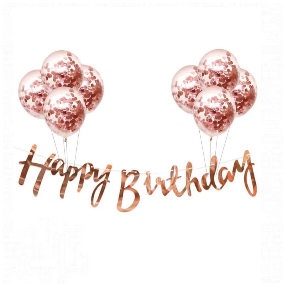 Highland - Rose Gold Happy Birthday Banner & Confetti Balloons