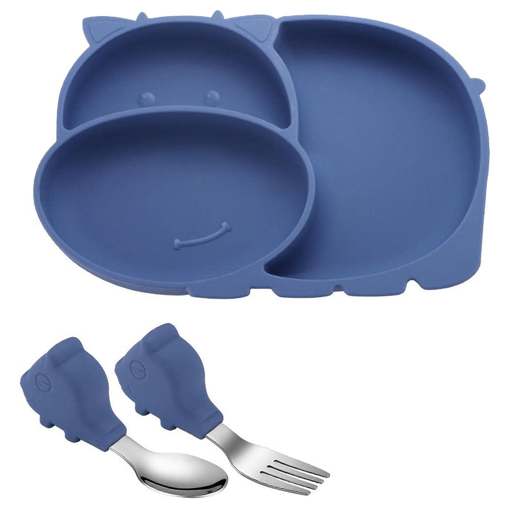 Highland - Blue Hippo Baby Plate & Utensils Feeding Set