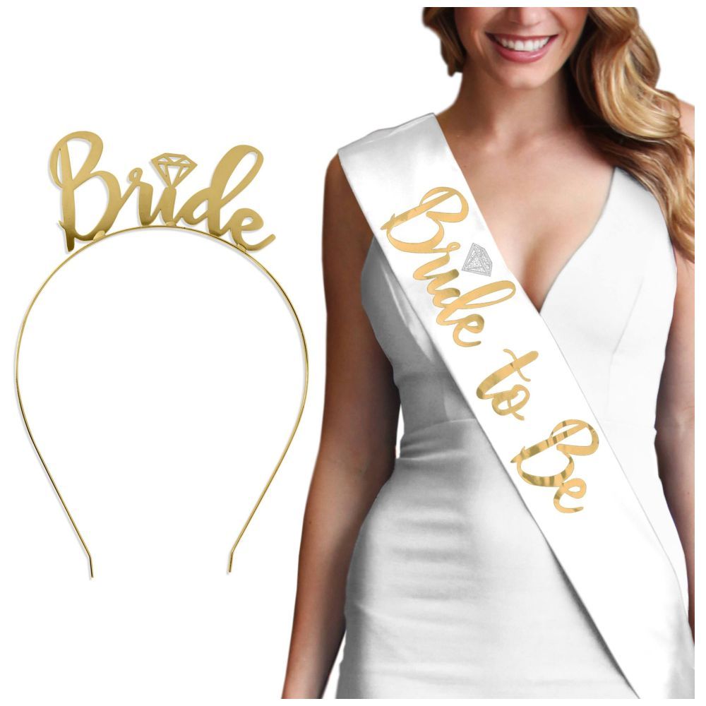 Highland - Bride to be Sash and Tiara Set - White & Gold