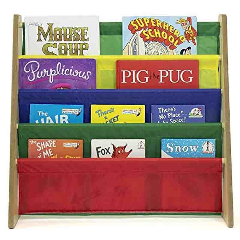 Homesmiths - Wooden Melamine 5 Shelf Kids Book Rack- Beige With Multicolor Fabric