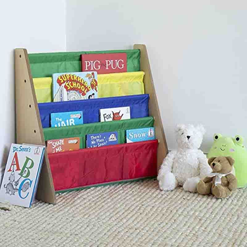 Homesmiths - Wooden Melamine 5 Shelf Kids Book Rack- Beige With Multicolor Fabric