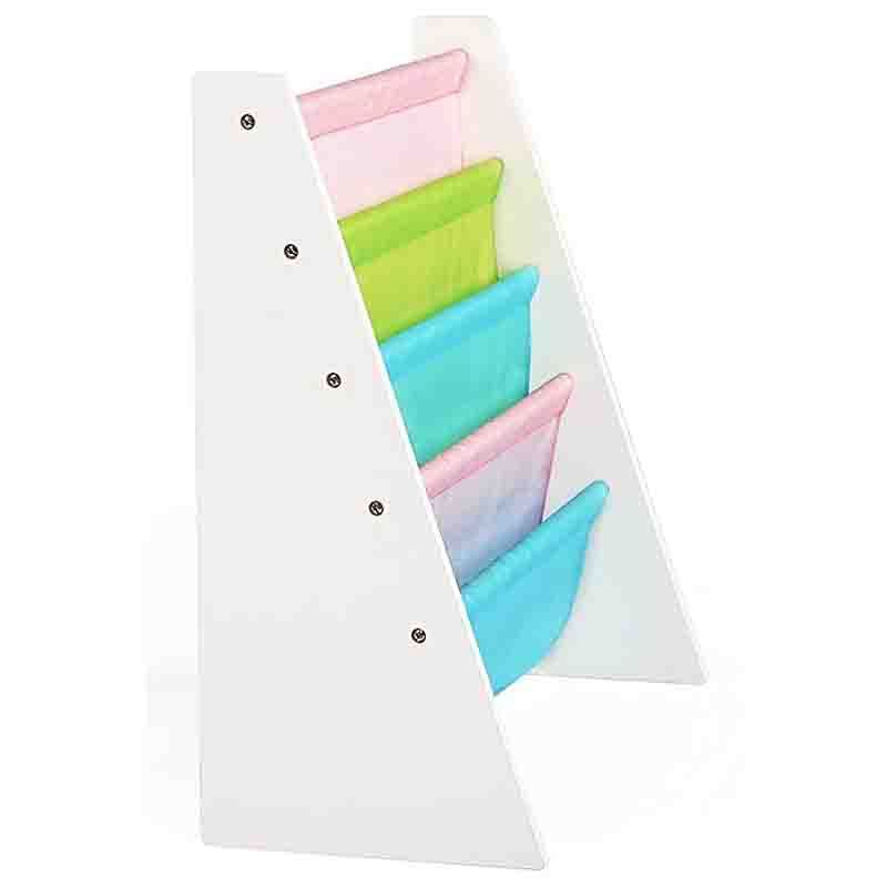 Homesmiths - Wooden Melamine 5 Shelf Kids Book Rack- White With Pastel Color Fabric