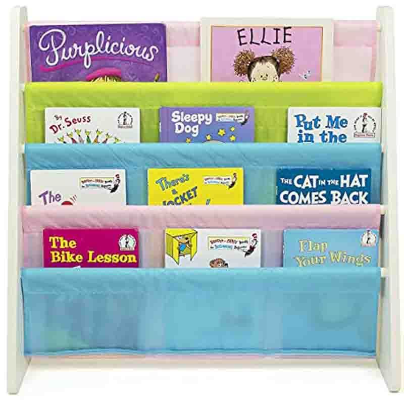 Homesmiths - Wooden Melamine 5 Shelf Kids Book Rack- White With Pastel Color Fabric