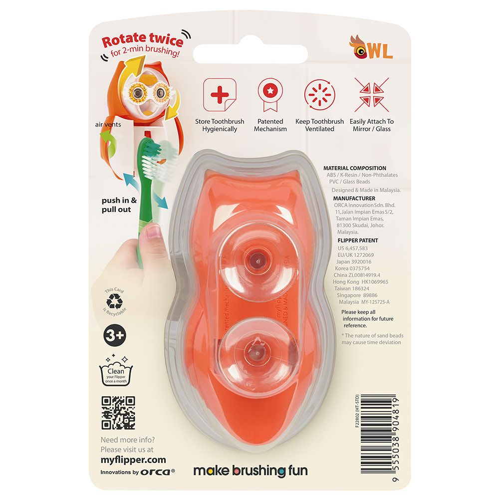 Flipper - Owl Hearty Toothbrush Holder With Timer - Orange