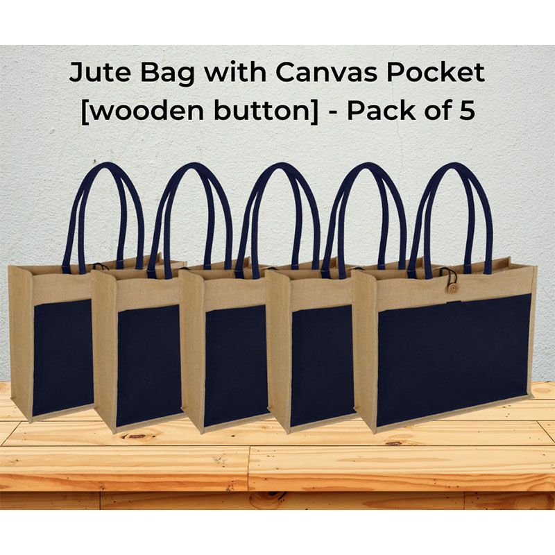 Eco-Neutral - Monclova - Jute Bag w/ Canvas Pocket Pack of 5 - Blue