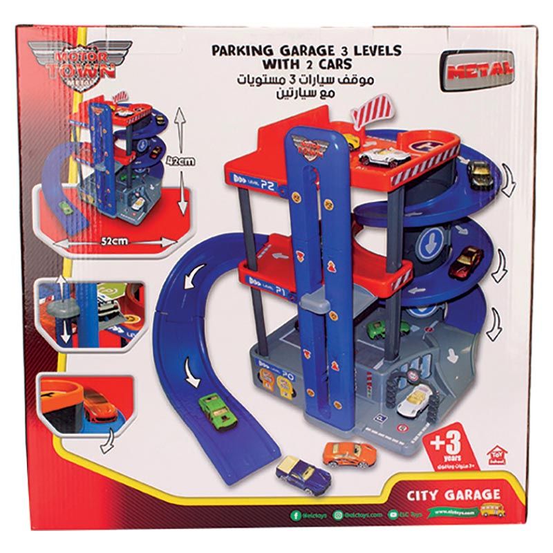 Toy School - Parking Garage 3 Level w/ 2 Metal Cars