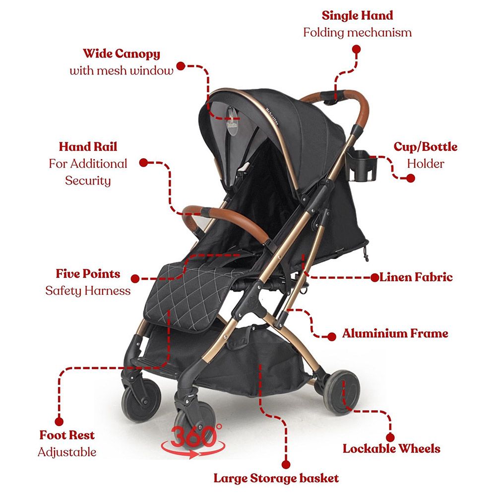 Bebesitos - Chic Travel Cabin Stroller Fast Folding W/ Hand Trolley - Black