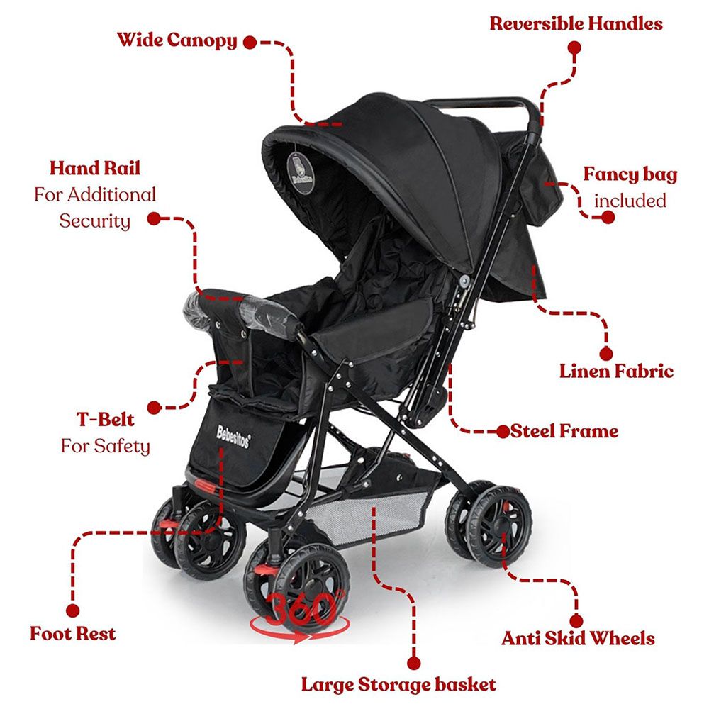 Bebesitos - Reversible Baby Stroller W/ Shoulder Bag For Moms - Black