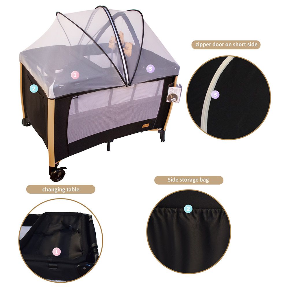 Bebesitos - Deluxe Baby Bed Playard & Travel Cot W/ Gold Frame - Black