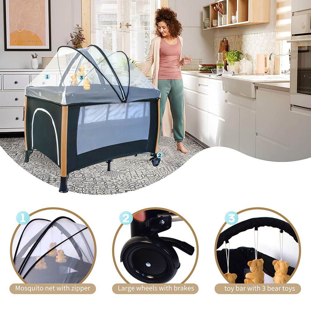 Bebesitos - Deluxe Baby Bed Playard & Travel Cot W/ Gold Frame - Black