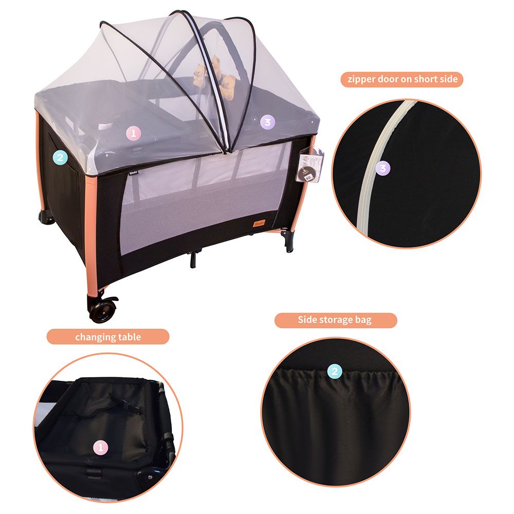 Bebesitos - Deluxe Baby Bed Playard & Travel Cot W/ Rose Gold Frame - Black