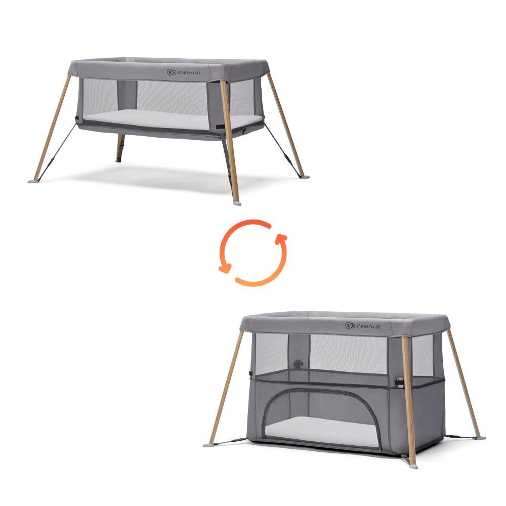 Kinderkraft - 2-in-1 Crib & Travel Bed Movi Travel Cot - Grey & Wood