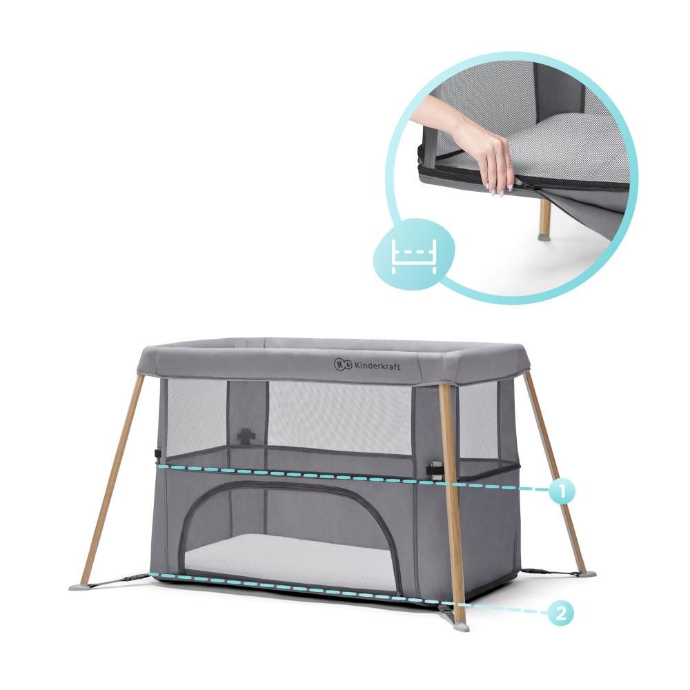 Kinderkraft - 2-in-1 Crib & Travel Bed Movi Travel Cot - Grey & Wood