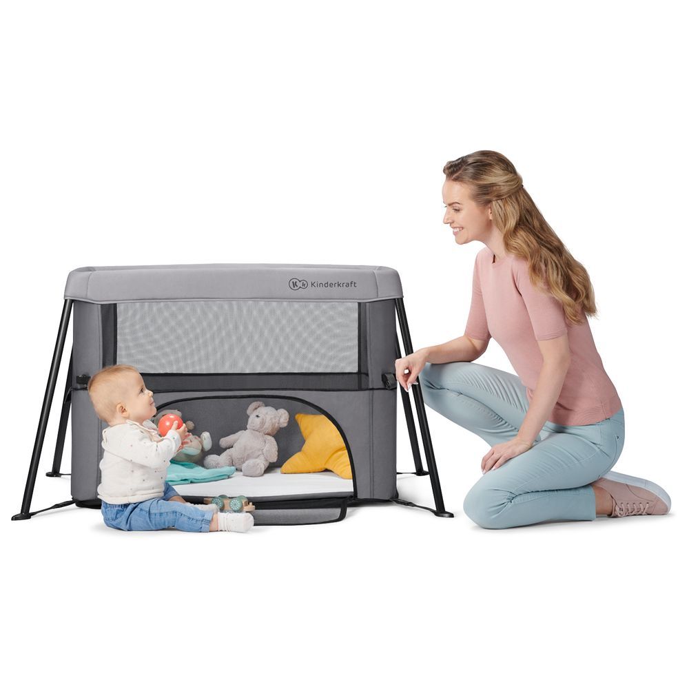 Kinderkraft - 2-in-1 Crib & Travel Bed Movi Travel Cot - Grey & Wood