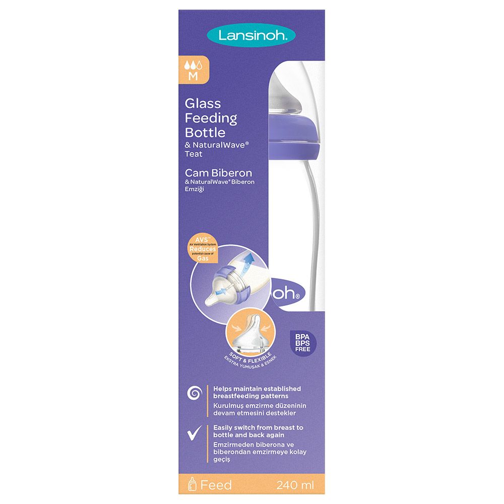 Lansinoh - Glass Feeding Bottle W/ Natural Wave Teat 240Ml