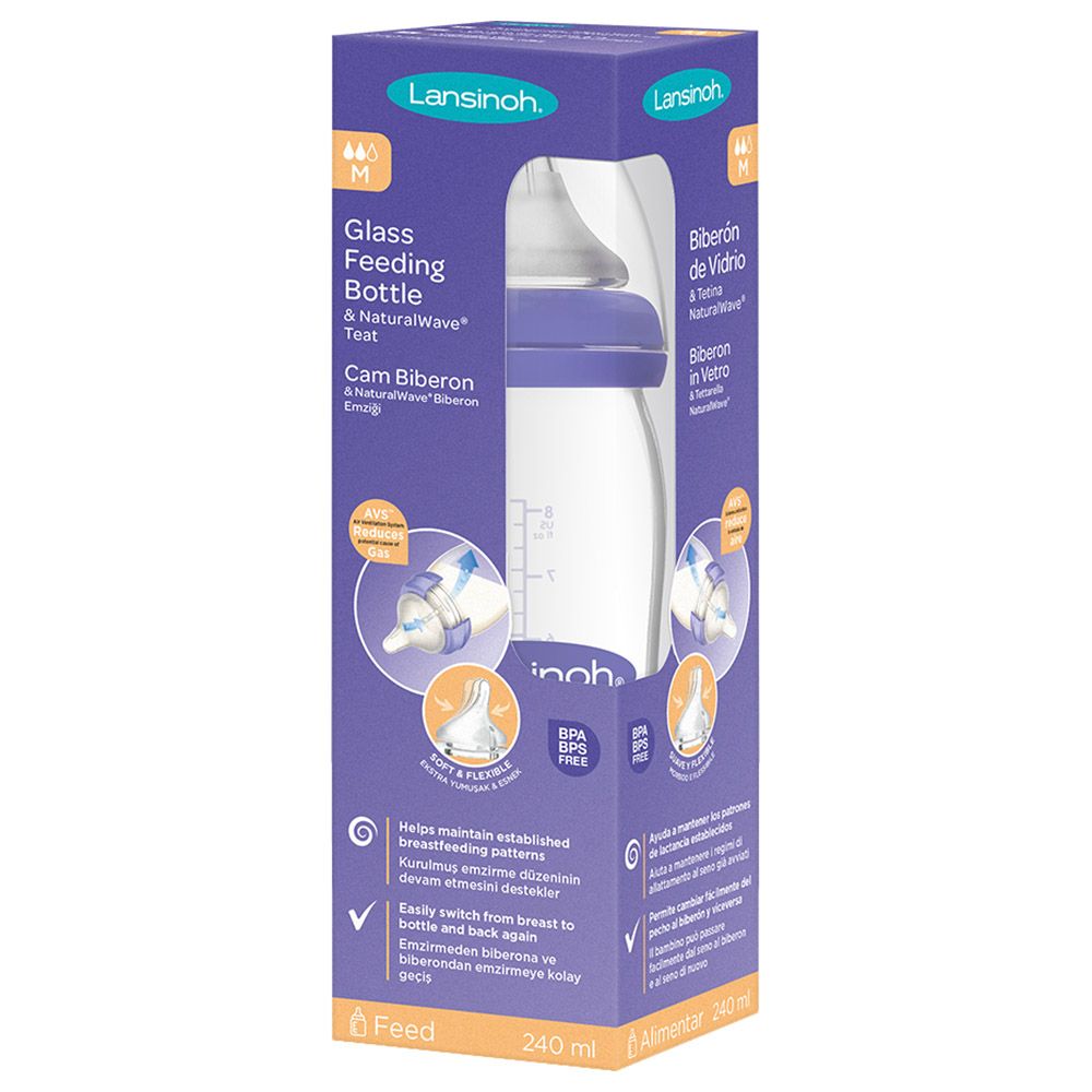 Lansinoh - Glass Feeding Bottle W/ Natural Wave Teat - 240 ml