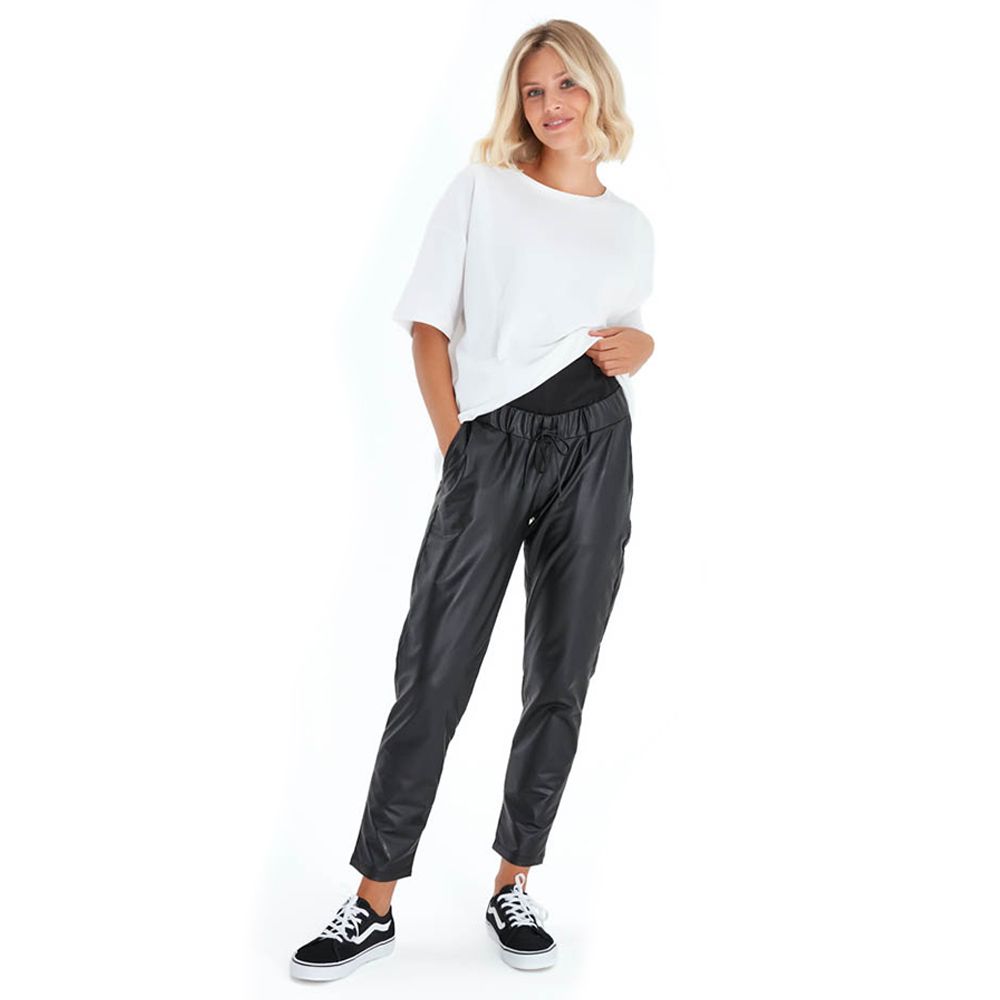 Accouchee - Comfy Cool Leather Look Pants - Black