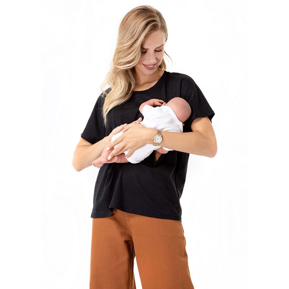 Accouchee - Zip Up Tshirt for Pregnancy/Nursing - Black