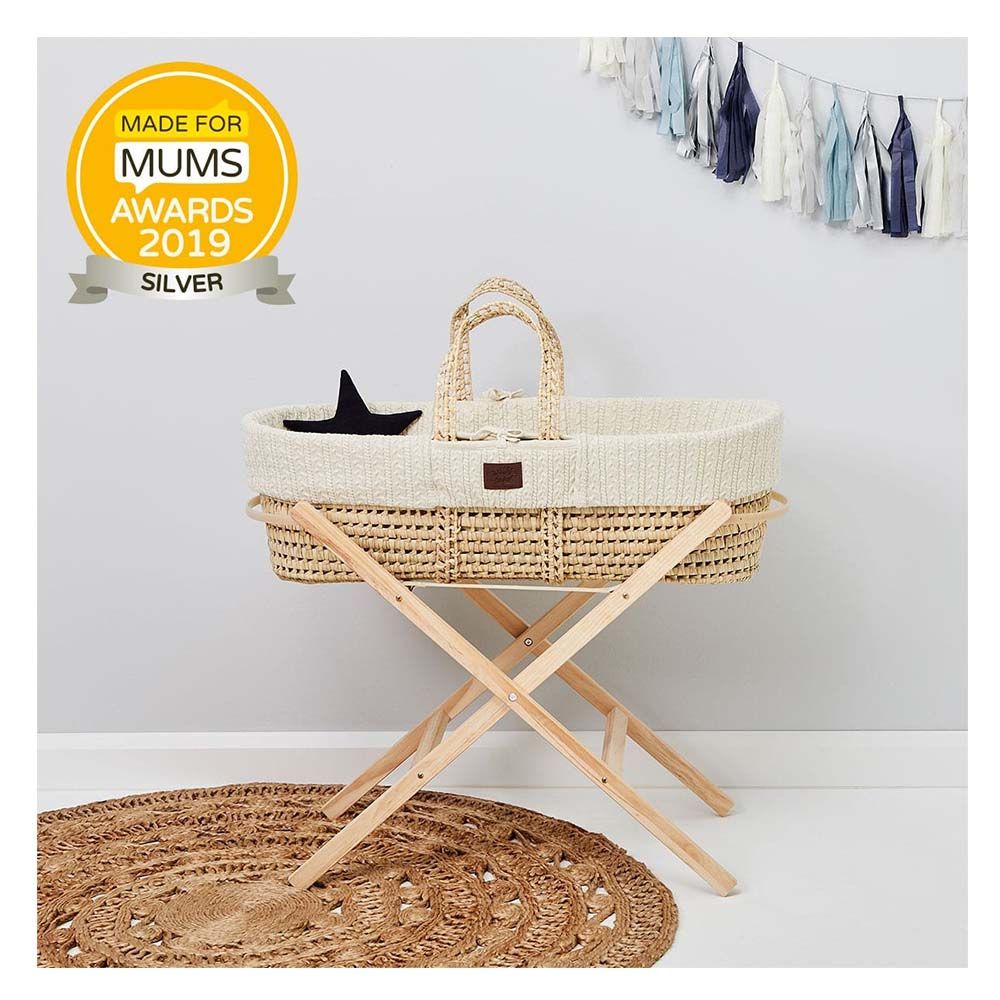 The Little Green Sheep - Natural Knitted Moses Basket & Mattress Linen - Beige