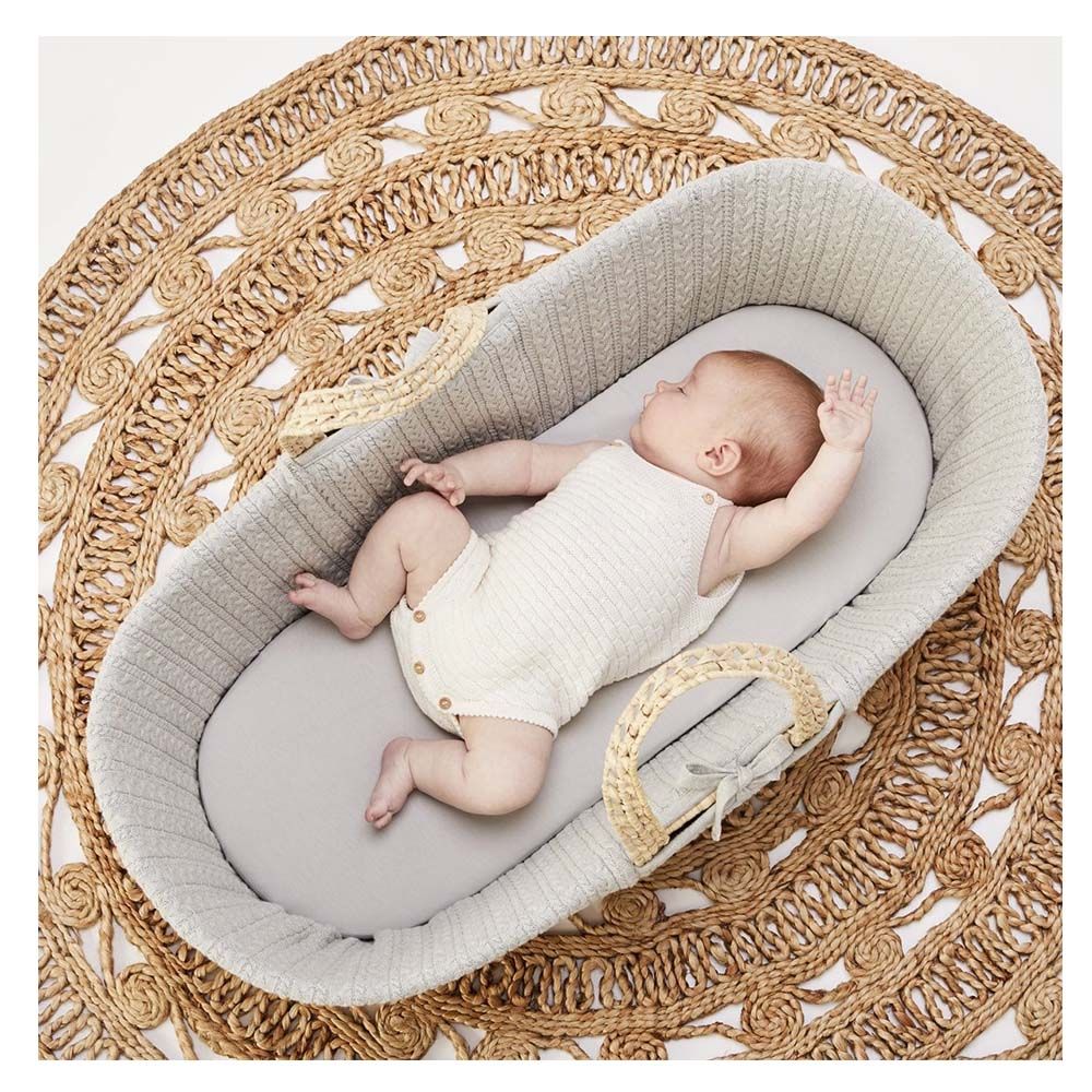 Natural Knitted Moses Basket & Mattress Dove - Grey