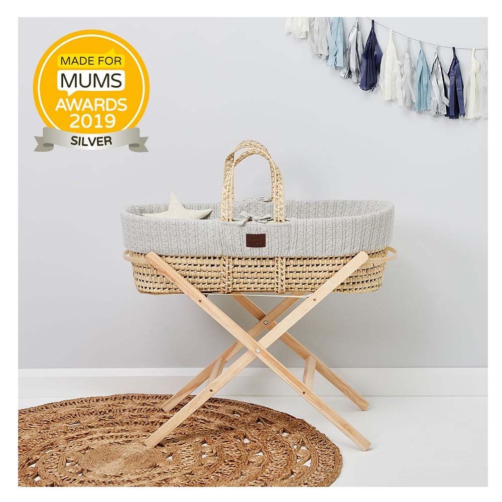 Natural Knitted Moses Basket & Mattress Dove - Grey