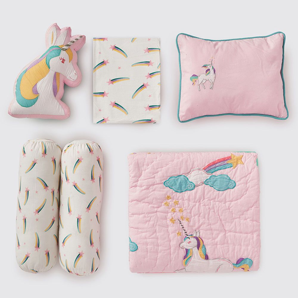 Little West Street Unicorns Gift Hamper-6pcs w/ Quilt - Pink