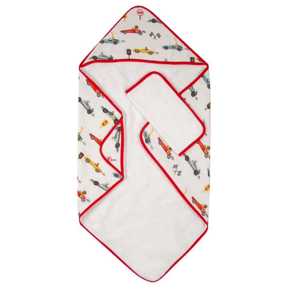 Little West Street - Racing Cars Hooded Towel - White/Red