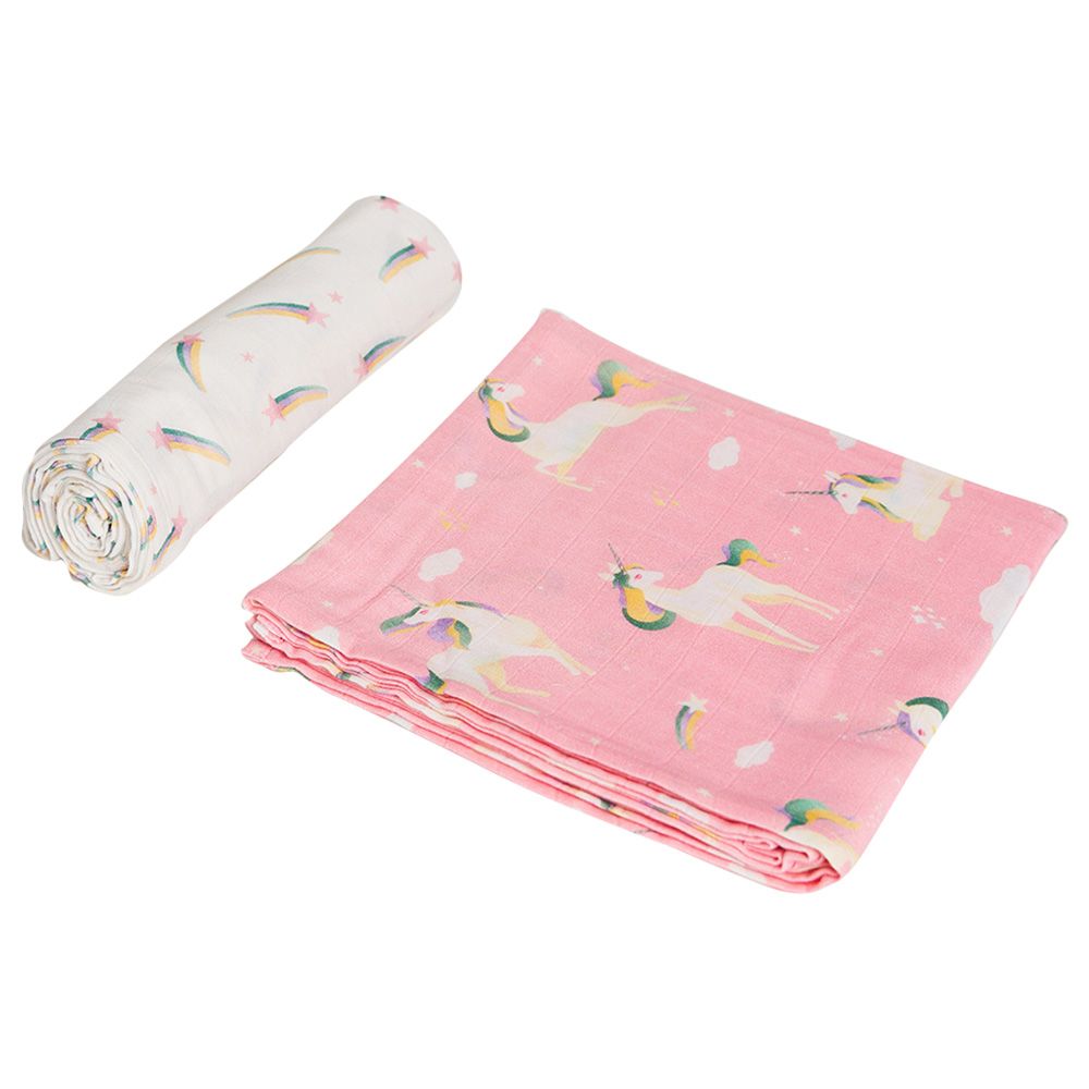 Little West Street - Unicorns Swaddle Set-2pcs - Pink/White