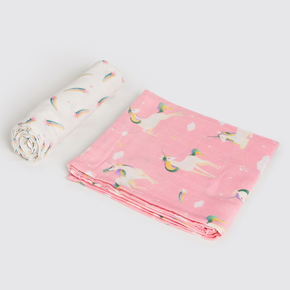 Little West Street - Unicorns Swaddle Set-2pcs - Pink/White