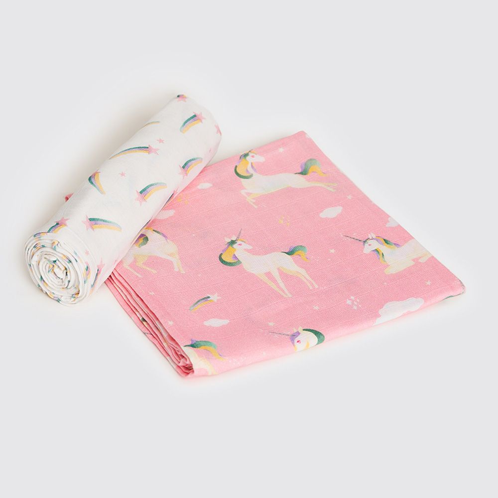 Little West Street - Unicorns Swaddle Set-2pcs - Pink/White