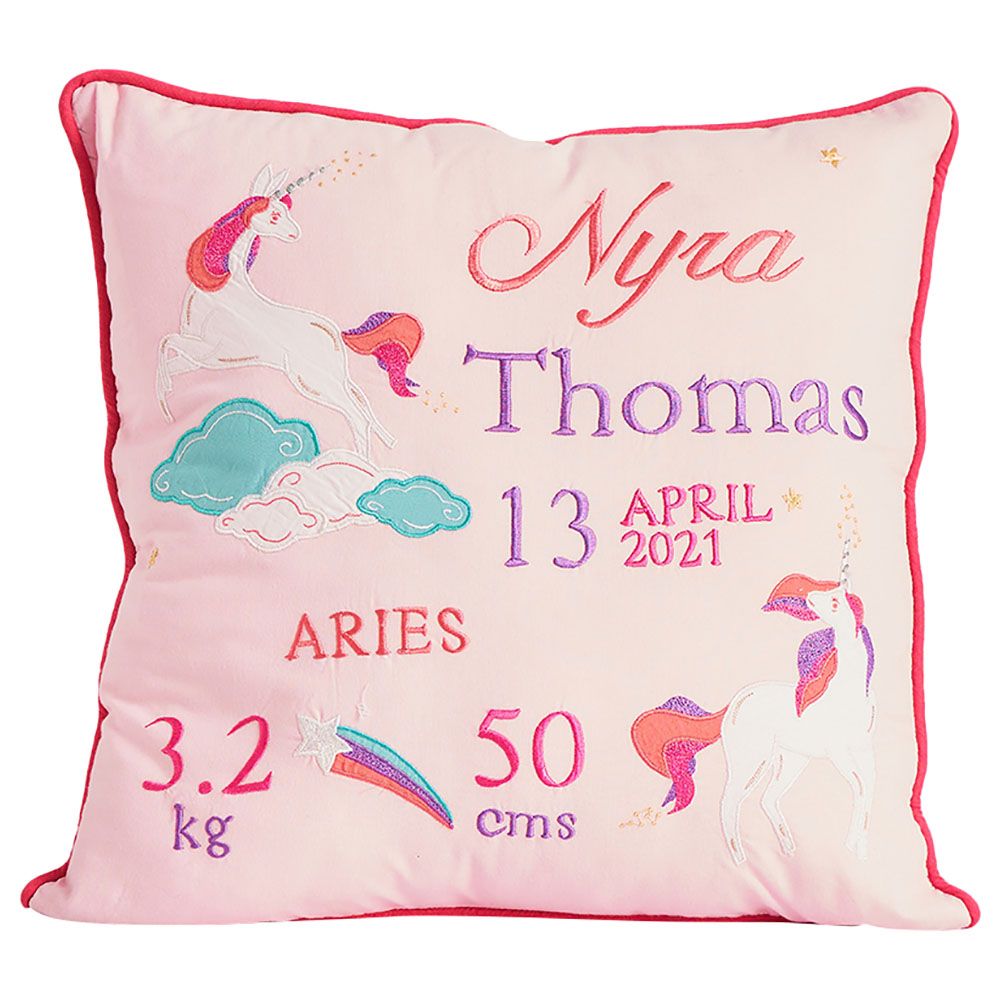 Little West Street - Unicorns Birth Stat Pillow - Pink