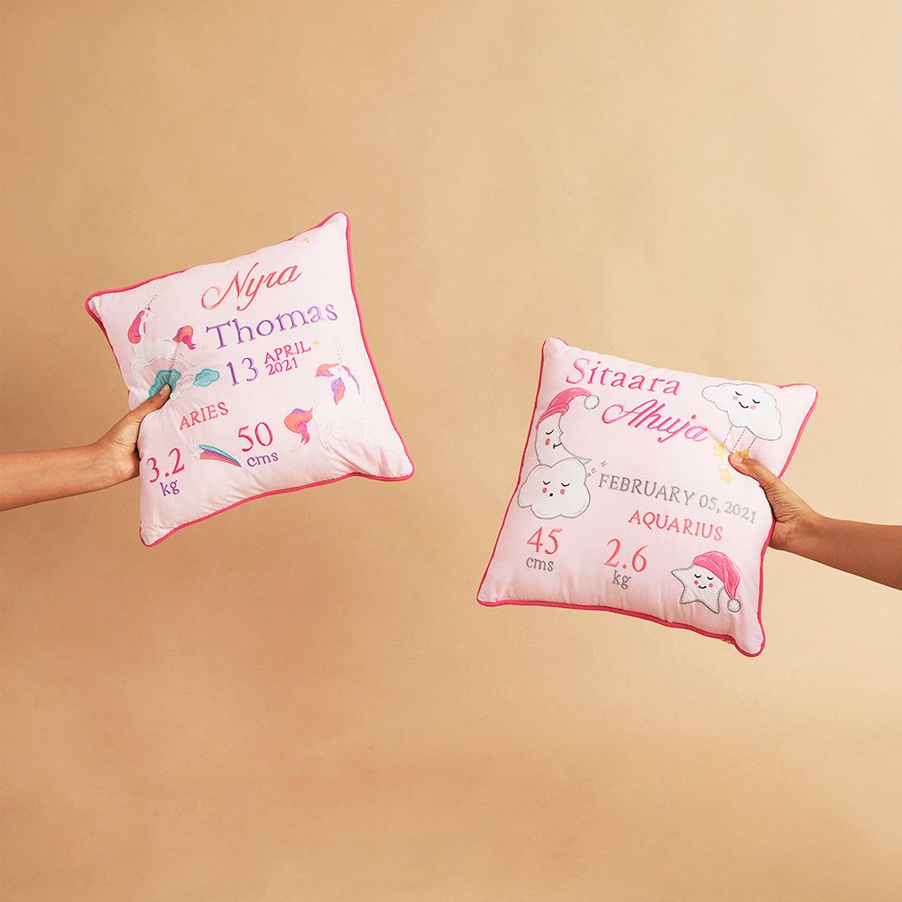 Little West Street - Unicorns Birth Stat Pillow - Pink