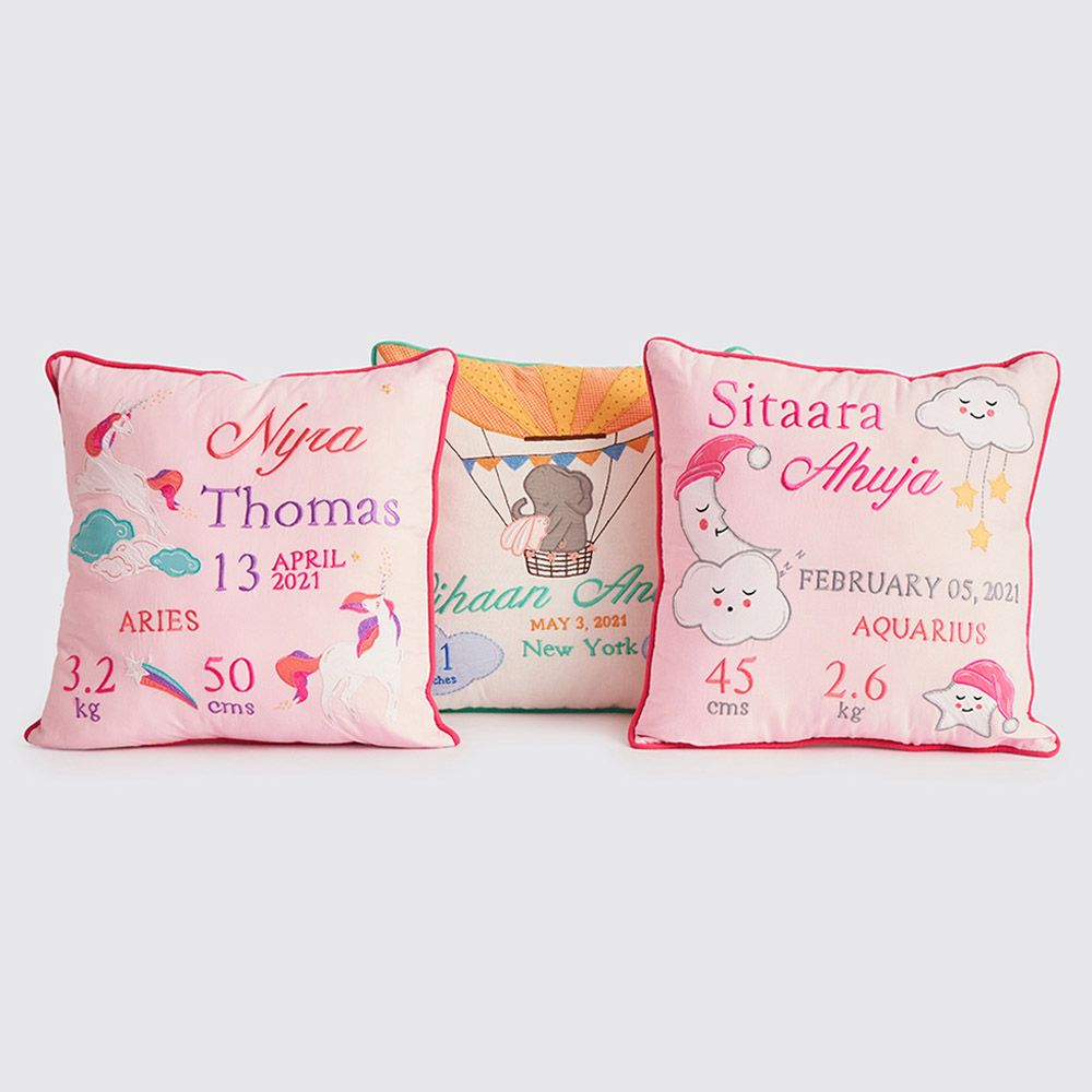 Little West Street - Unicorns Birth Stat Pillow - Pink